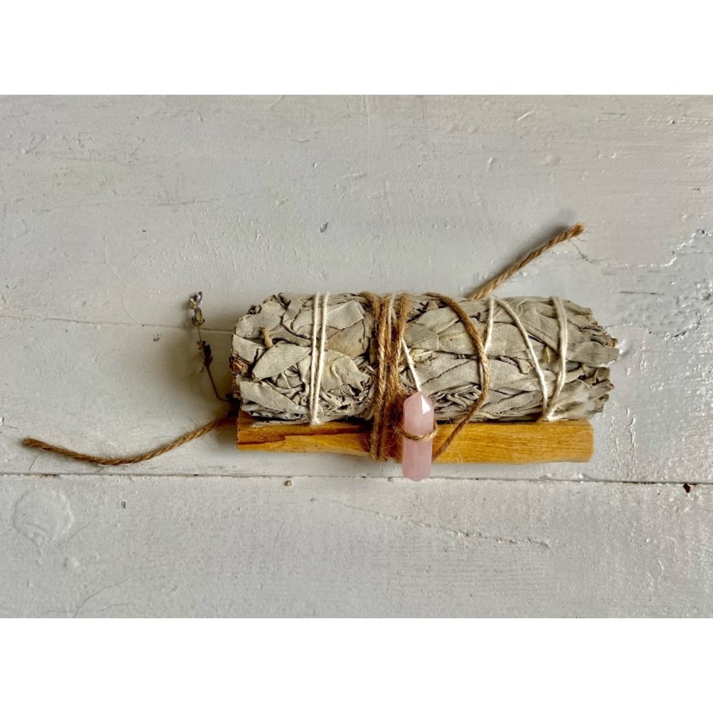 Smudge Stick- Sage, Palo Santo, Rose Quartz, and a Sprig of Lavender